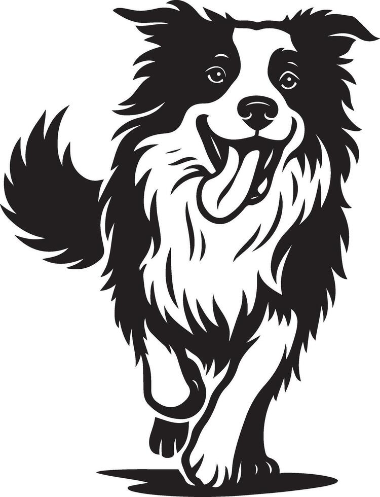 Border collie running black and white drawing, Happy dog action pose illustration vector
