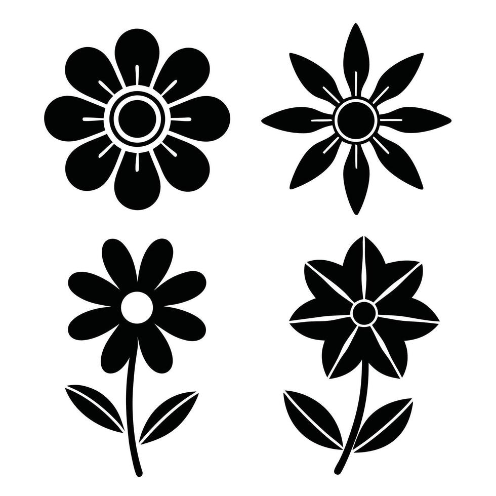 Set of four stylized flower icons, perfect for design projects, offering a minimalist aesthetic with bold black and white graphics. vector
