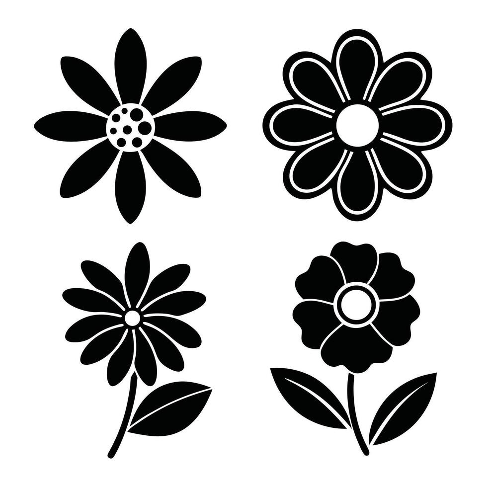 Simple black silhouettes of four different flowers vector