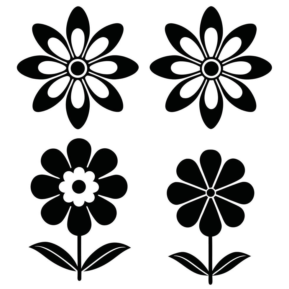 Black and white floral icons simple flower designs vector