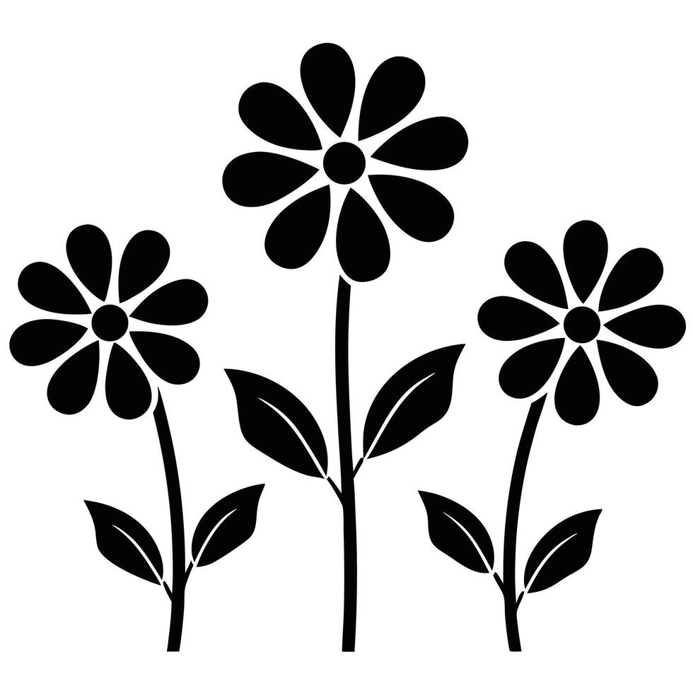 Three black silhouettes of simple daisies flowers vector