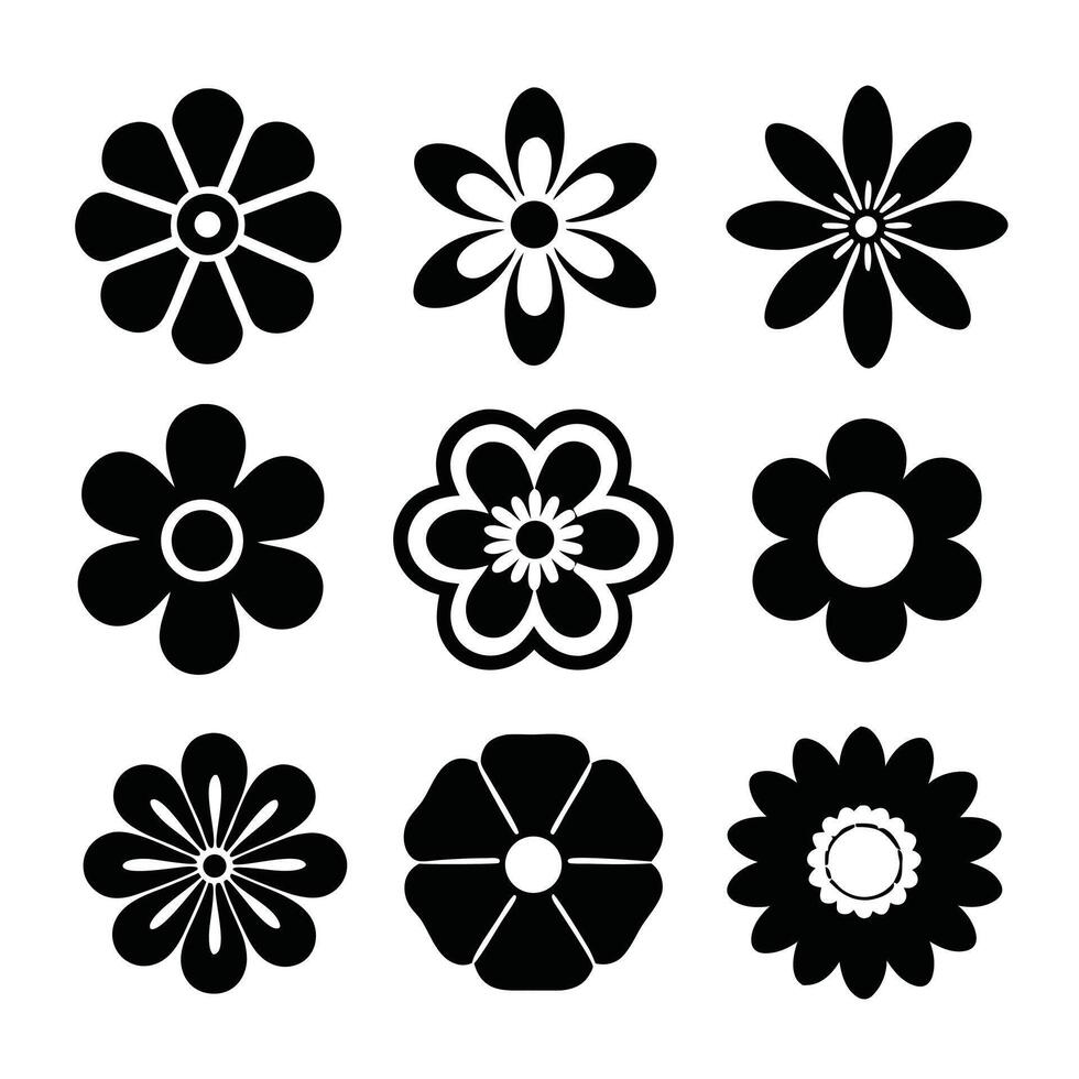Nine simple black flower icons floral designs vector