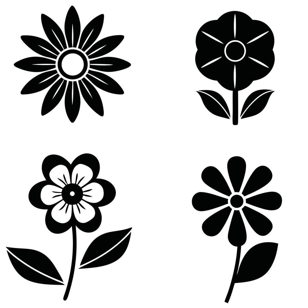 composition of four stylized flowers, rendered in stark black and white, each blooms with a central disc and surrounding petals, accompanied by simple, elegant leaves. vector
