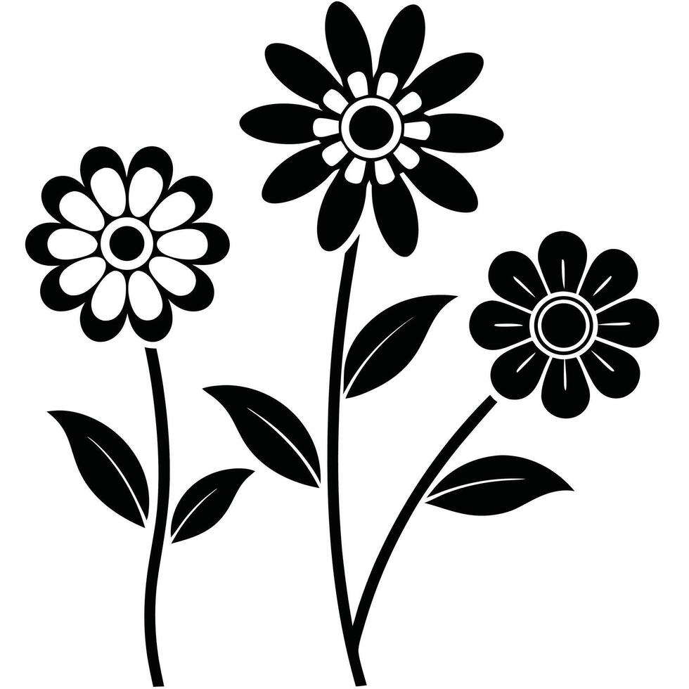 Black and white floral design three flowers stems leaves vector