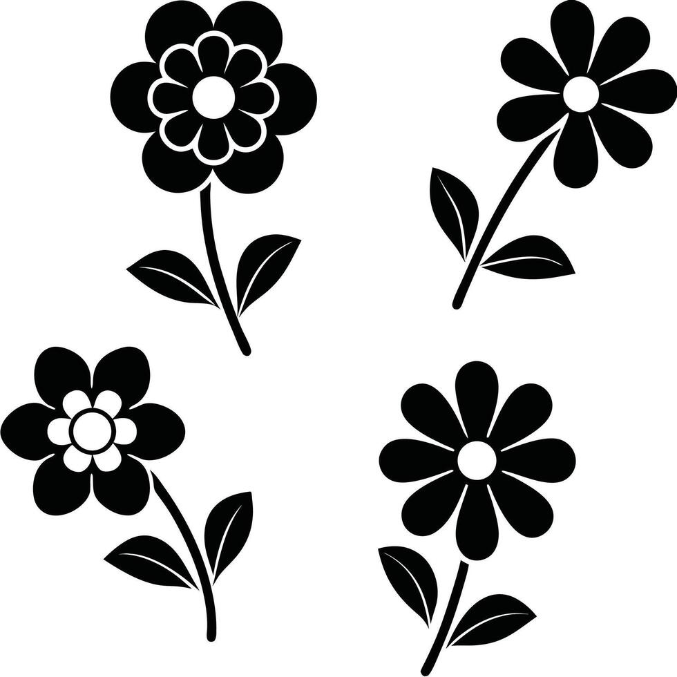 Simple black and white flower silhouettes floral design elements vector