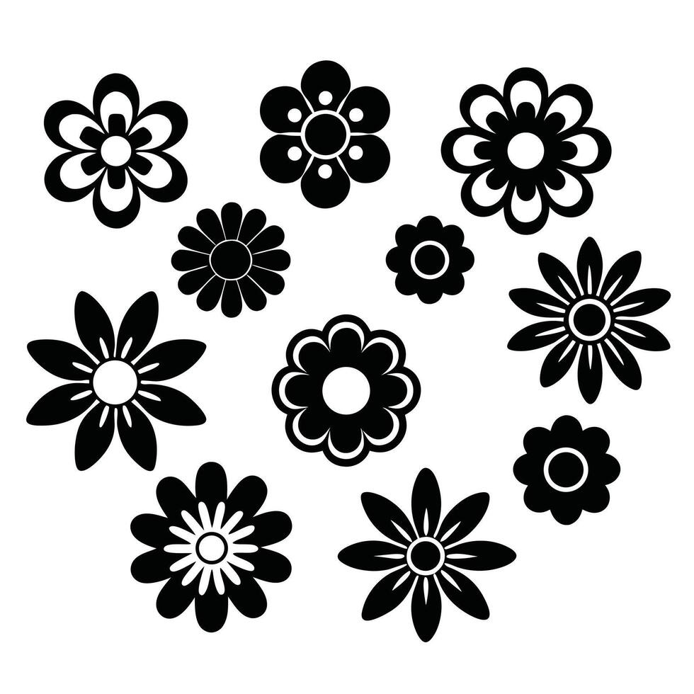 Black and white floral design elements simple flower icons vector