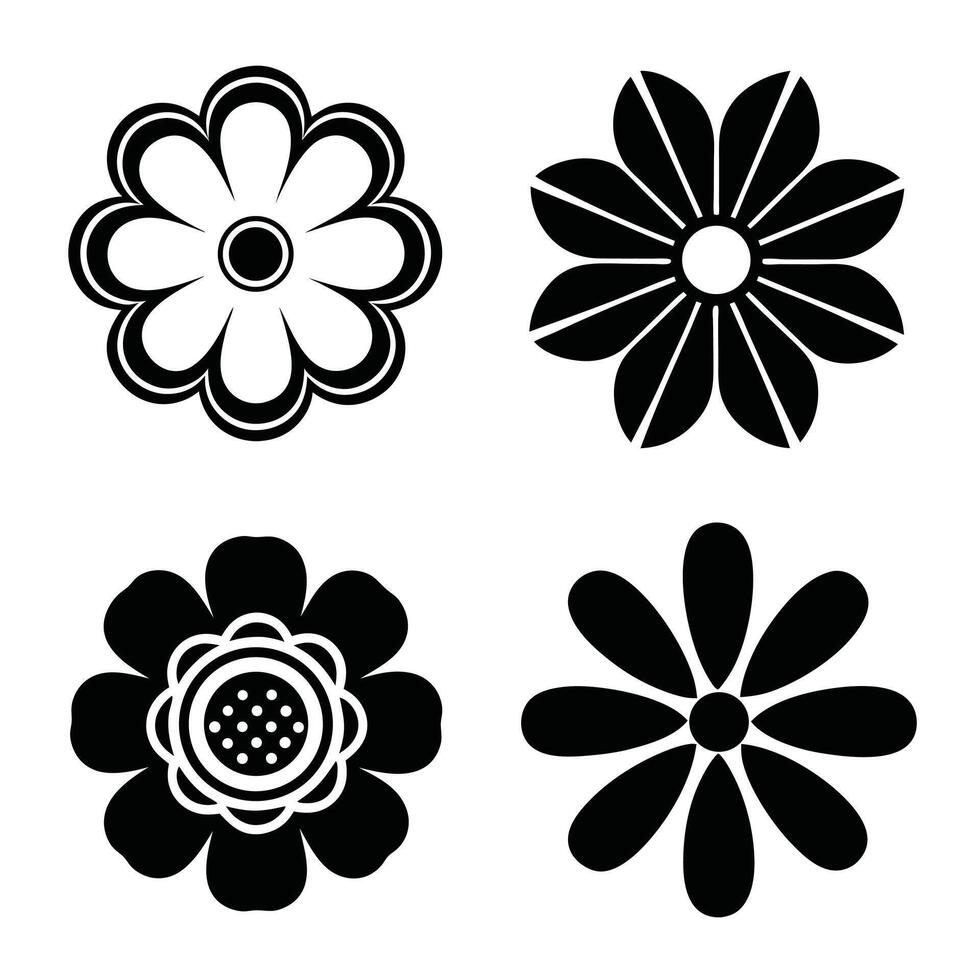 Four simple black flower icons floral design elements vector