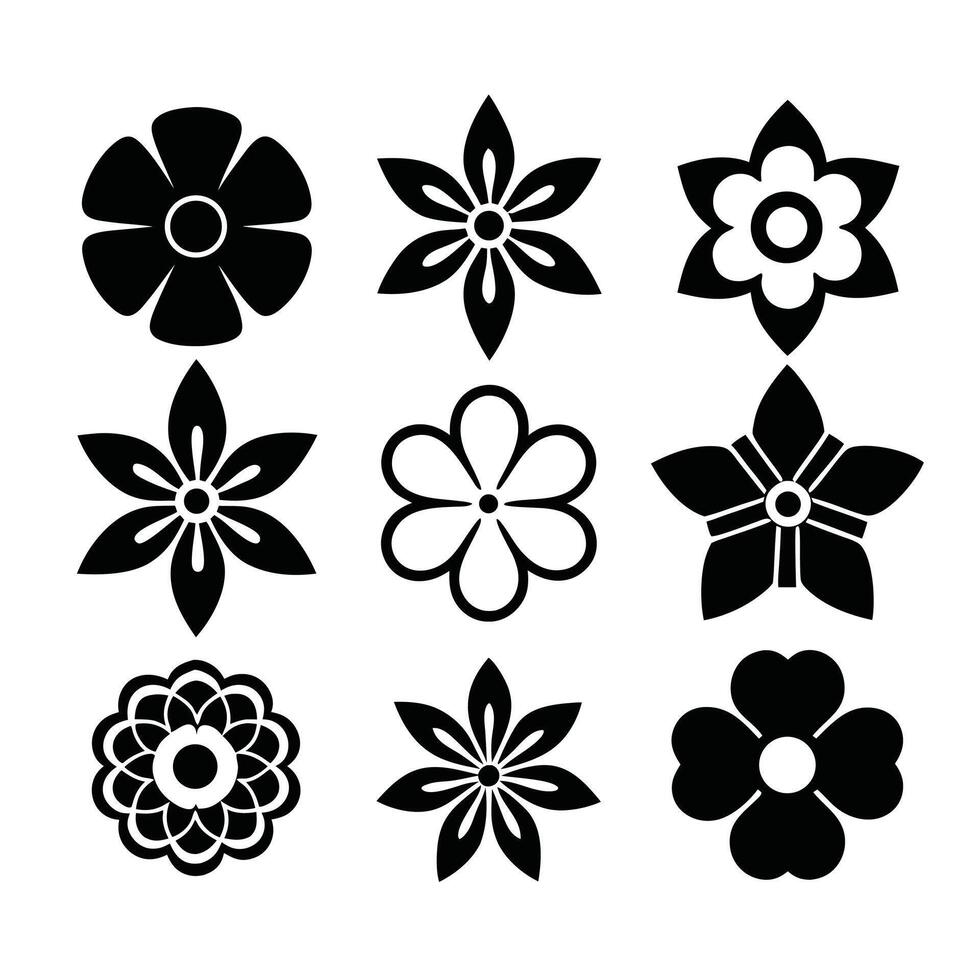 Nine black and white floral icons simple flower designs vector