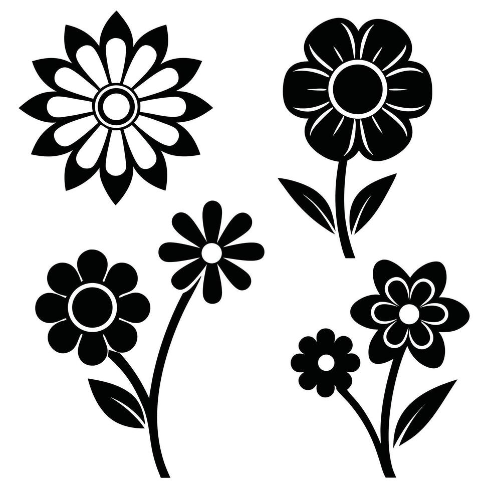 Black and white floral design elements simple flowers vector