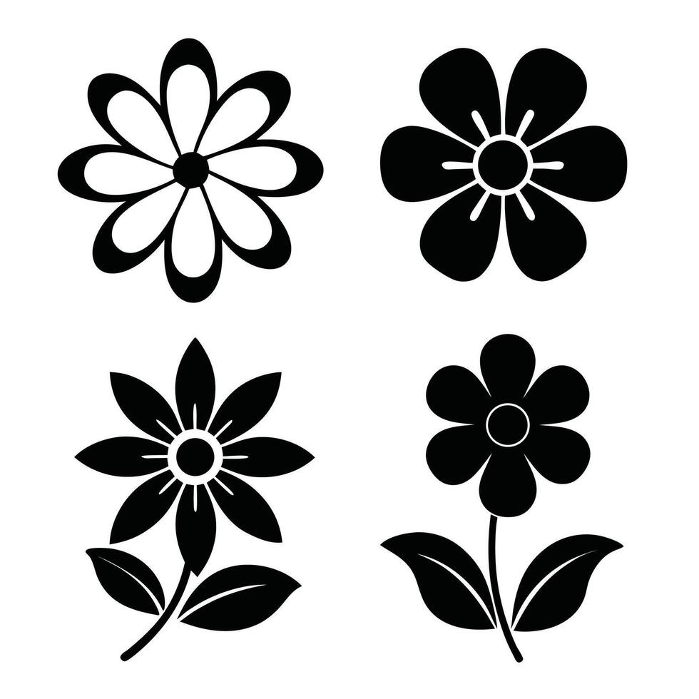 Simple black and white flower icons set floral designs vector