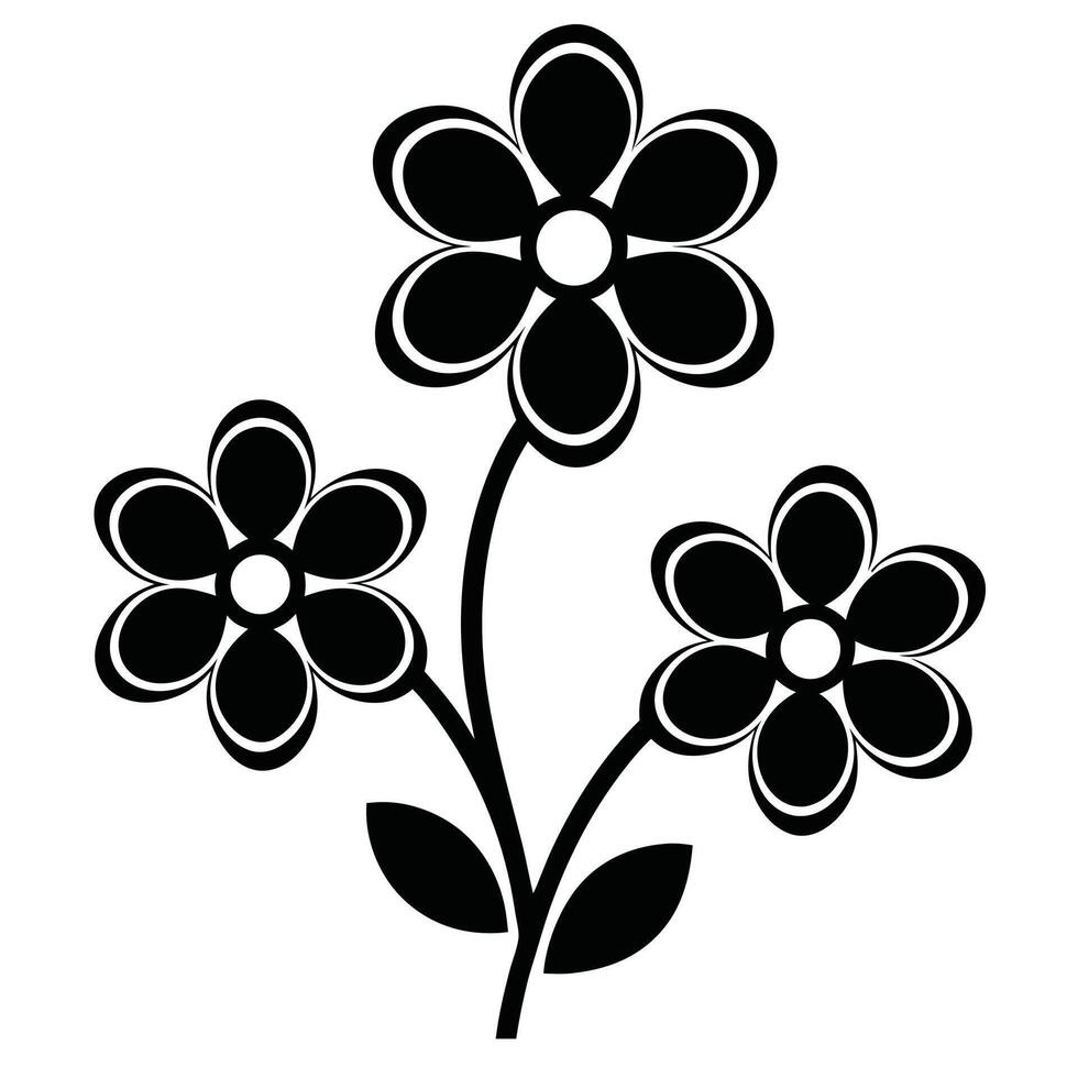 Simple black and white floral design three flowers stem leaves vector