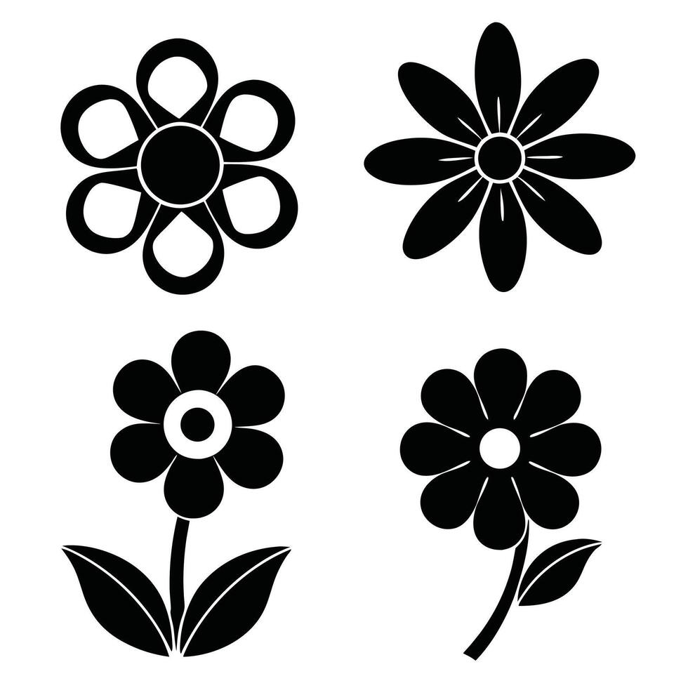 Simple black flower silhouettes set graphic design elements vector