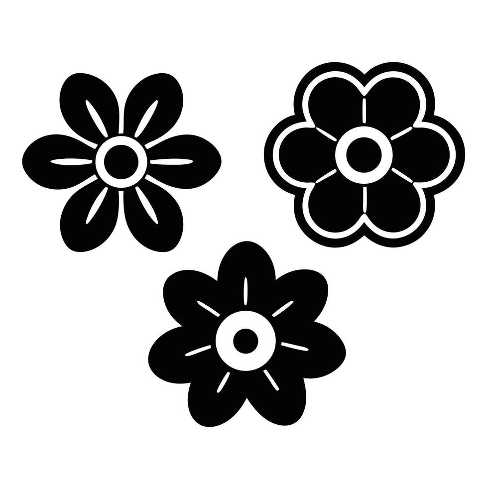 Three simple black flowers graphic design element vector