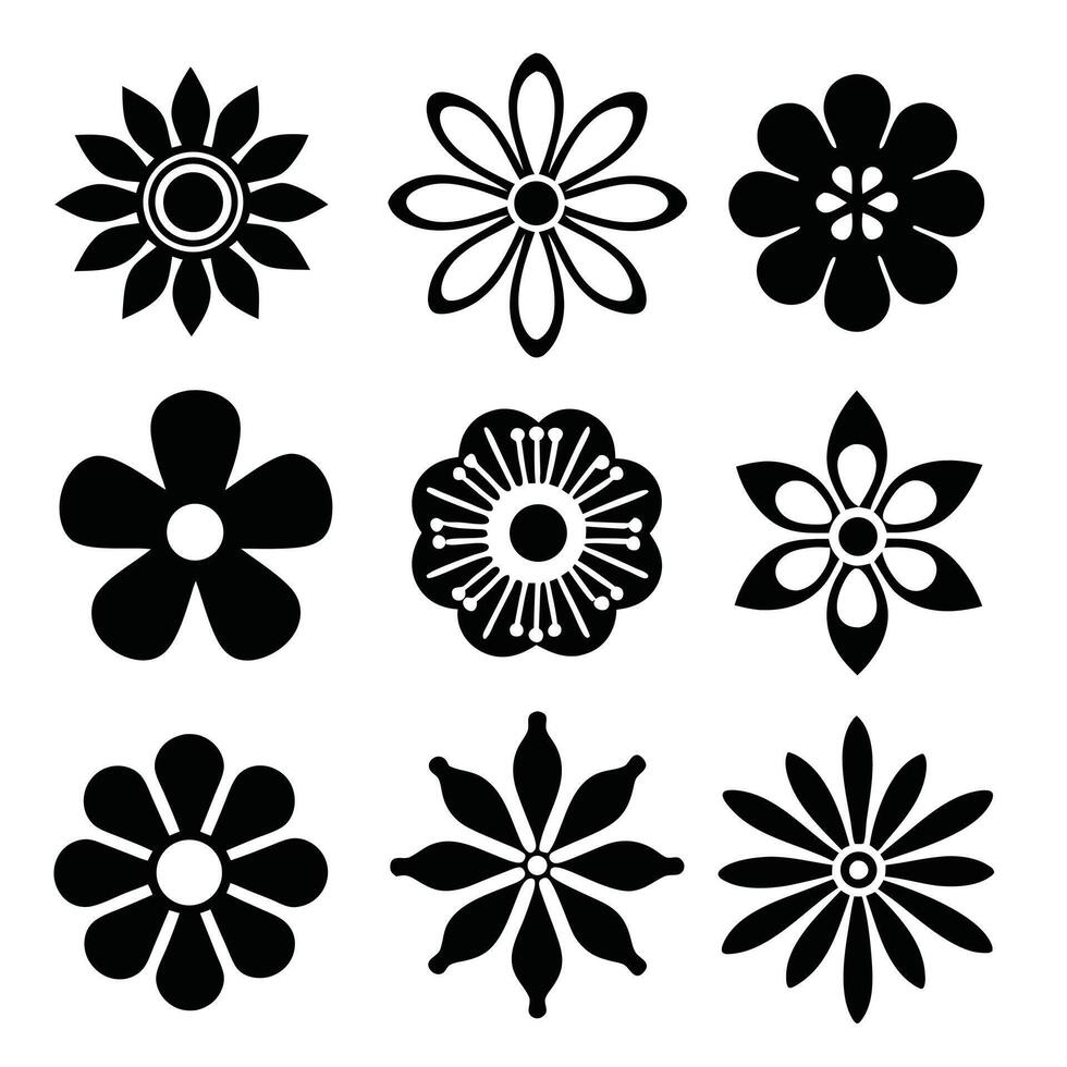 Nine simple black flower icons floral design vector