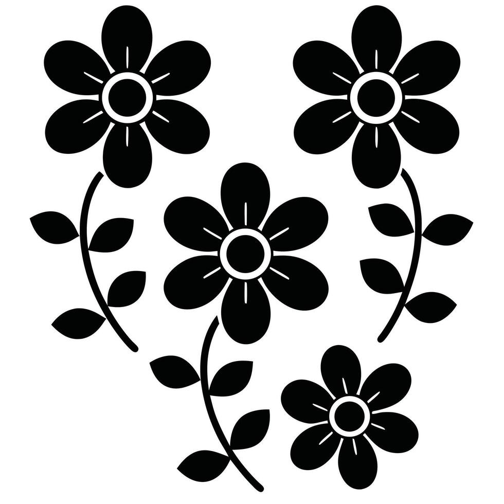 Simple black floral design silhouettes flowers botanical illustration vector