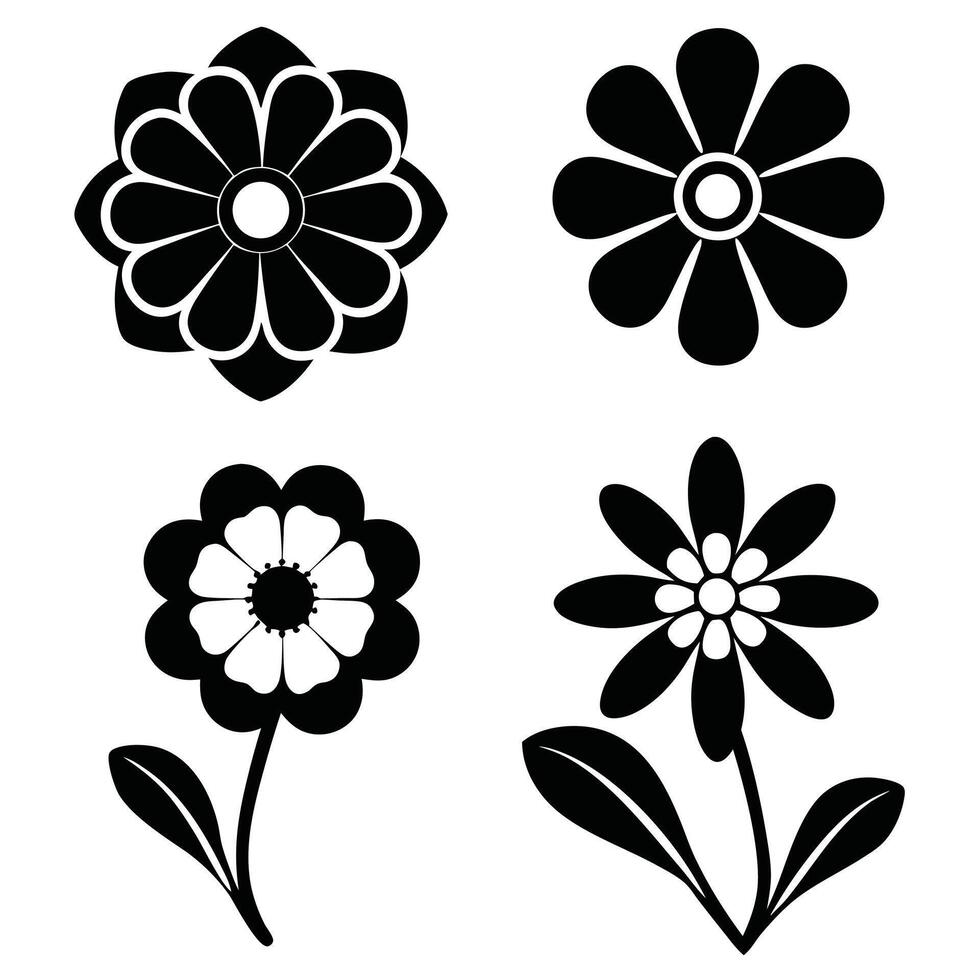 Black and white floral designs simple flower silhouettes vector