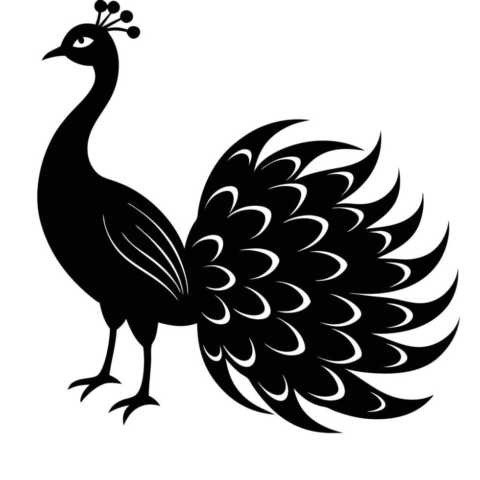 Elegant black silhouette of a peacock with spread tail feathers vector