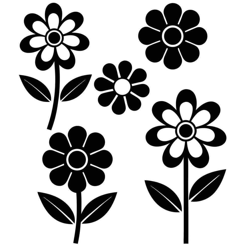 Black and white simple flower clipart set floral design elements vector