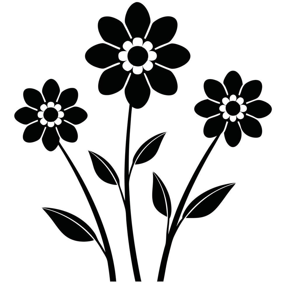 Three black silhouettes of simple flowers with leaves vector