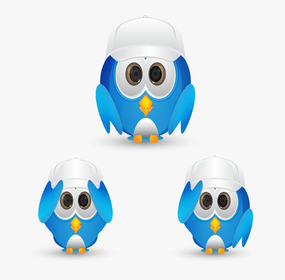 Adorable cartoon blue bird character with a white cap in different poses vector