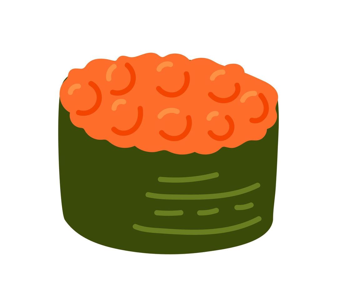 Artwork of a sushi roll topped with orange fish roe on a white background vector