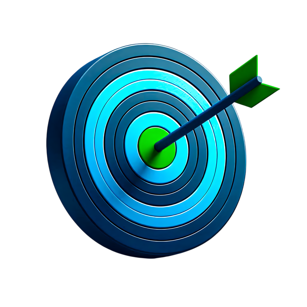 Blue 3D Target Board with Green Arrow Hitting Center Depicting Precision Focus Goal Setting and Business Success on Transparent Background png