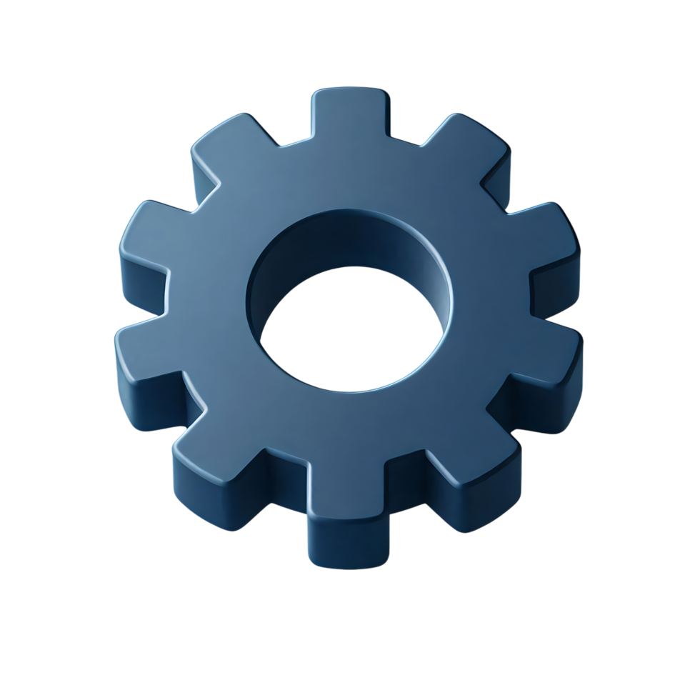 Glossy 3D Blue Gear Settings Icon for System Preferences Configuration Engineering Tools and App Interface on Transparent Background png