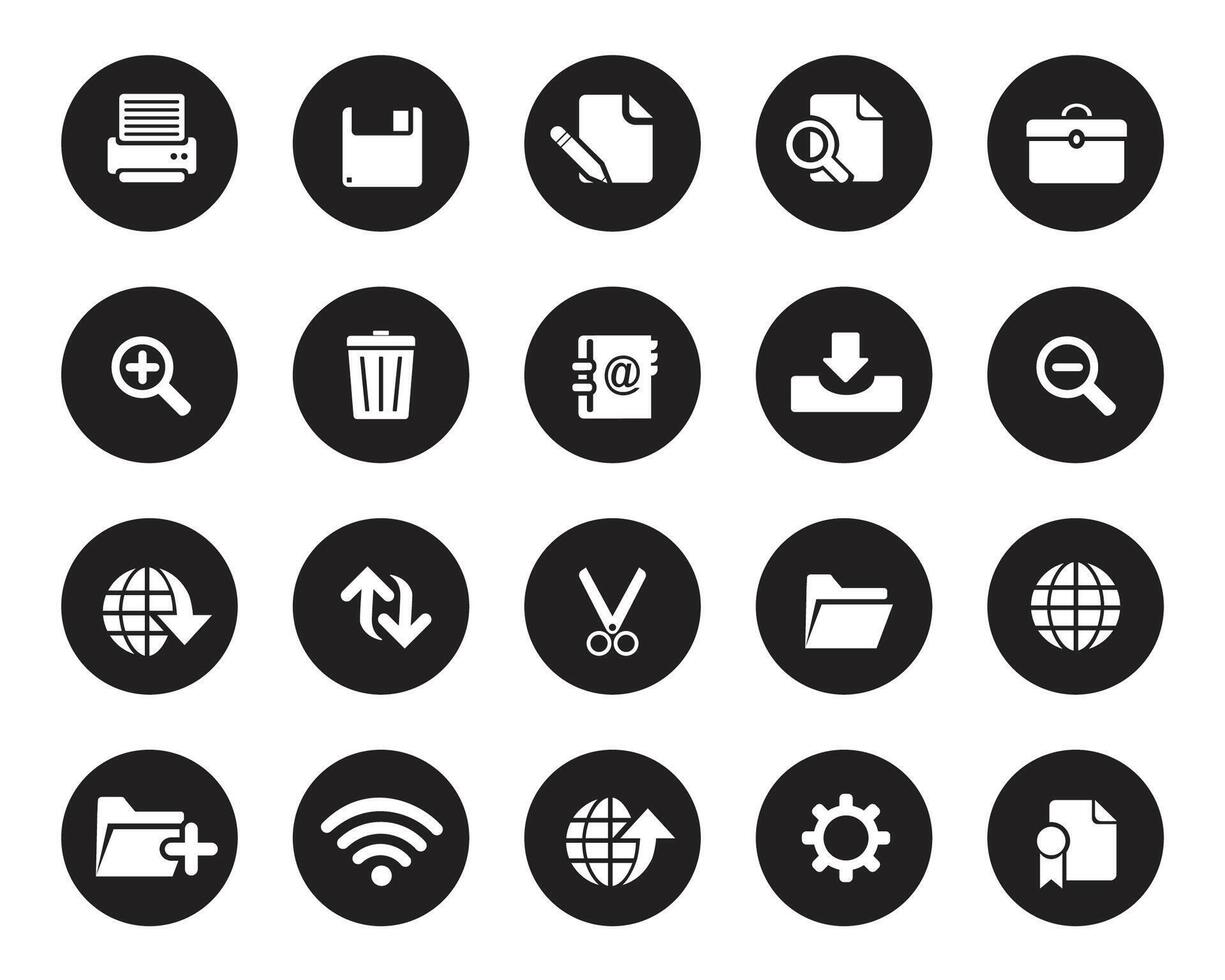 Simple white web icons on black circle. Web icon set , web and graphic icons for web computer and mobile vector