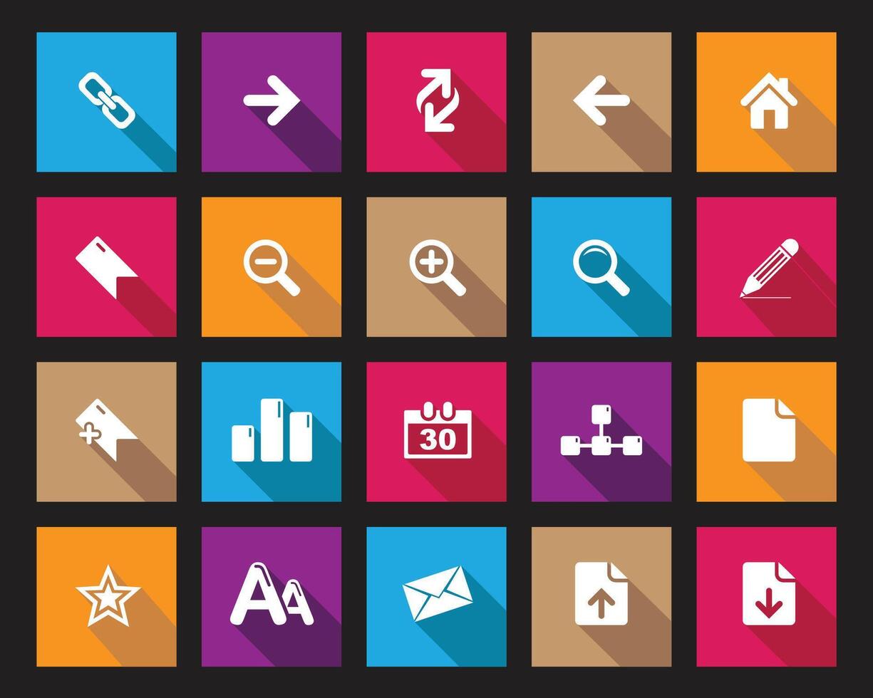 White web icons on colorful square set with shadow, flat editable isolated set of icons vector