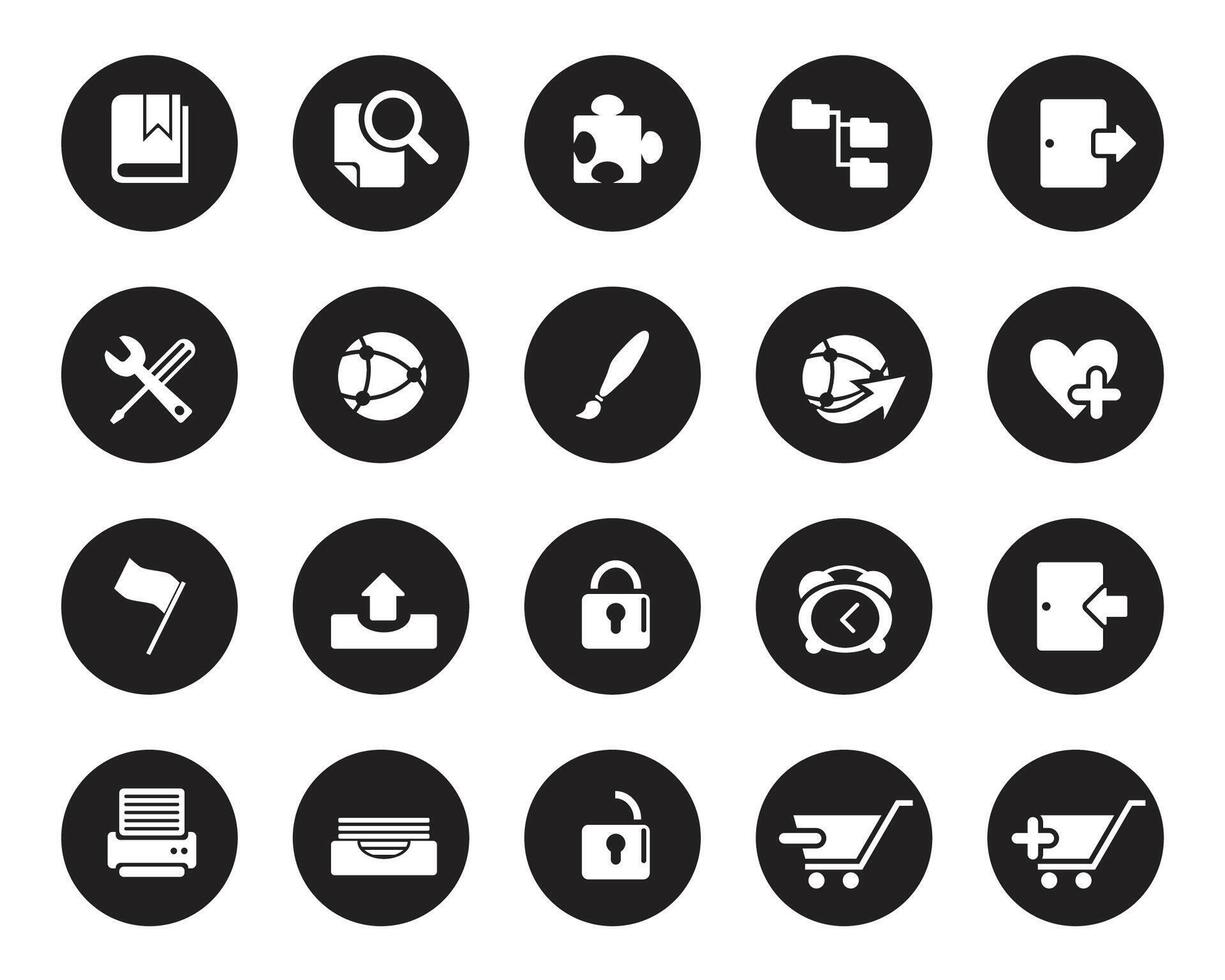 Simple white web icons on black circle. Web icon set , Contact us icons for web computer and mobile vector
