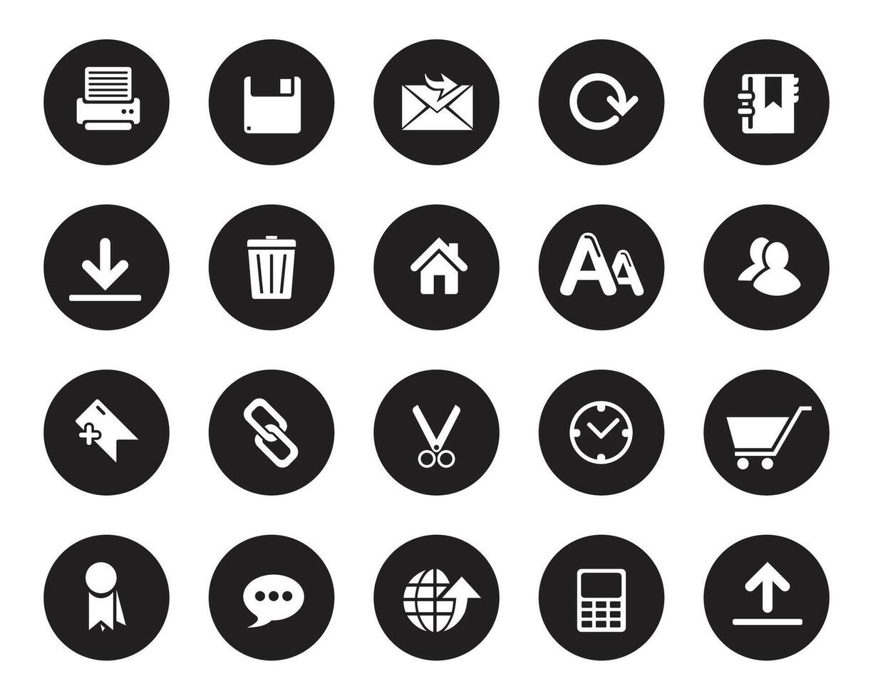 Simple white web icons on black circle. Web icons set , web and communication icons for web computer and mobile vector