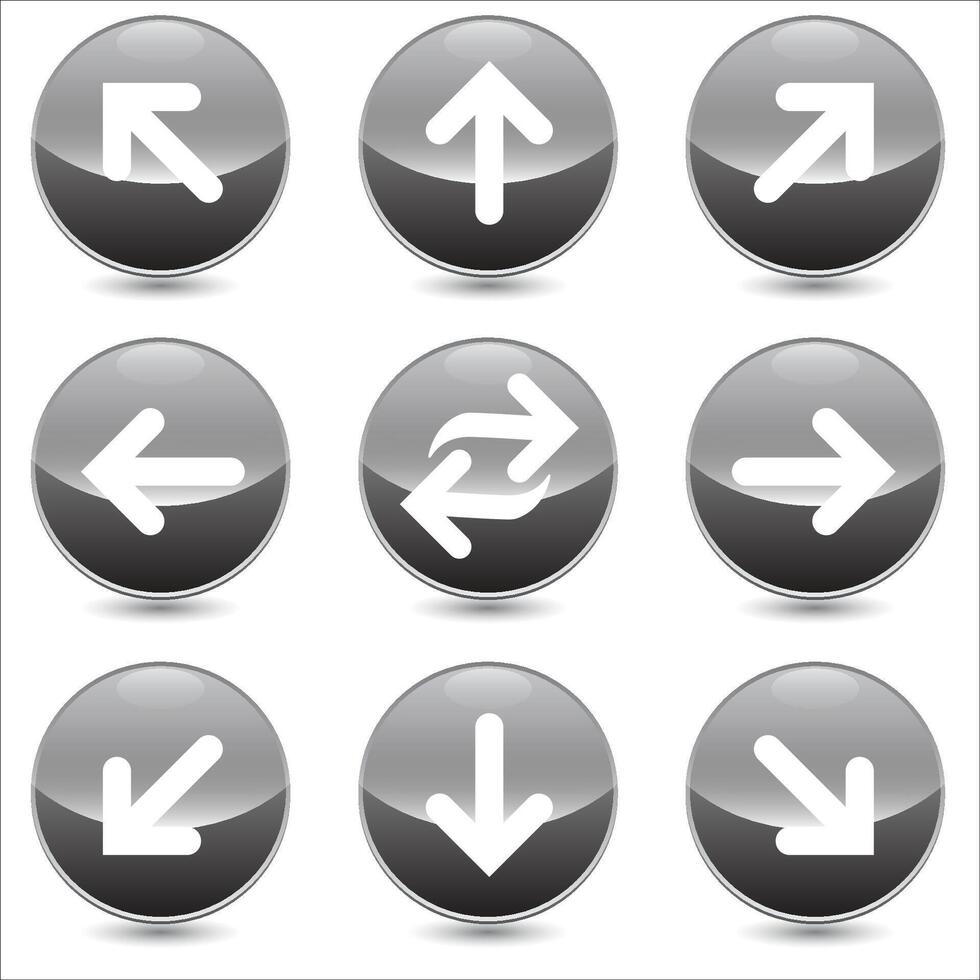 Set of 9 arrows linear icons set. right, left, up, down etc icons. Isolated collection for web sites icon on grey sphere rounded background vector