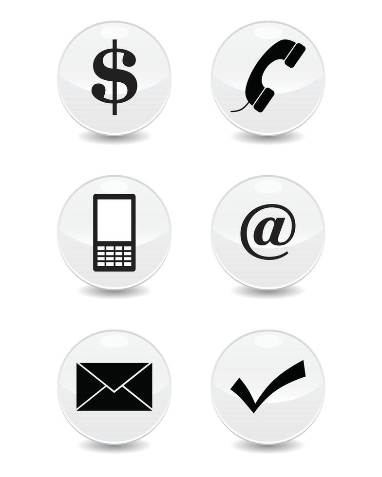 Set of 6 stationery linear icons. email, phone, mobile, communication, tick icons. Isolated collection for web sites icon on light grey sphere rounded background vector