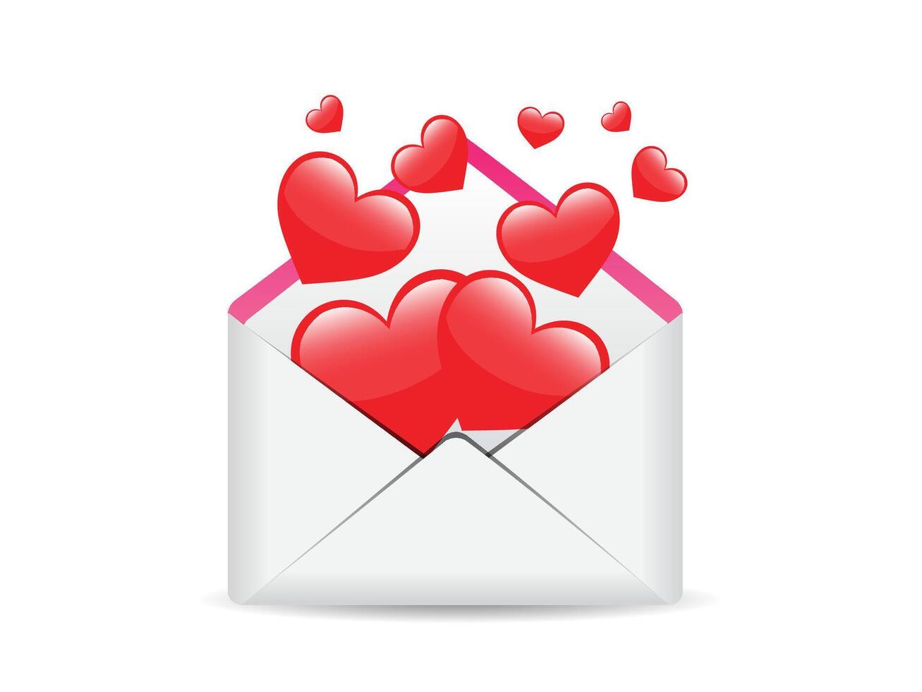 Hearts spread from envelope, love message isolated on white background. Render email notification with letters, check mark, paper plane and magnifying glass icons vector