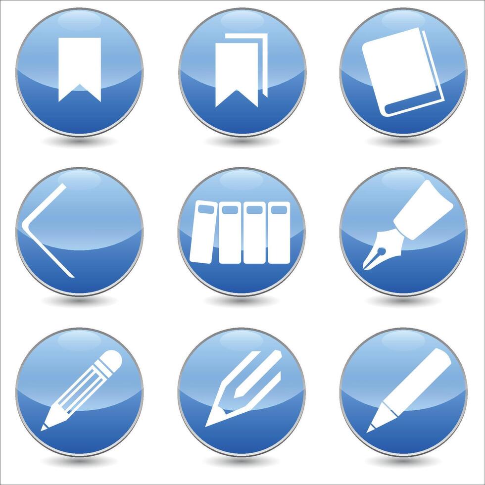 Set of 9 stationery linear icons. books, files, pen, pencil, bookmark etc. icons. Isolated collection for web sites icon on blue sphere rounded background vector