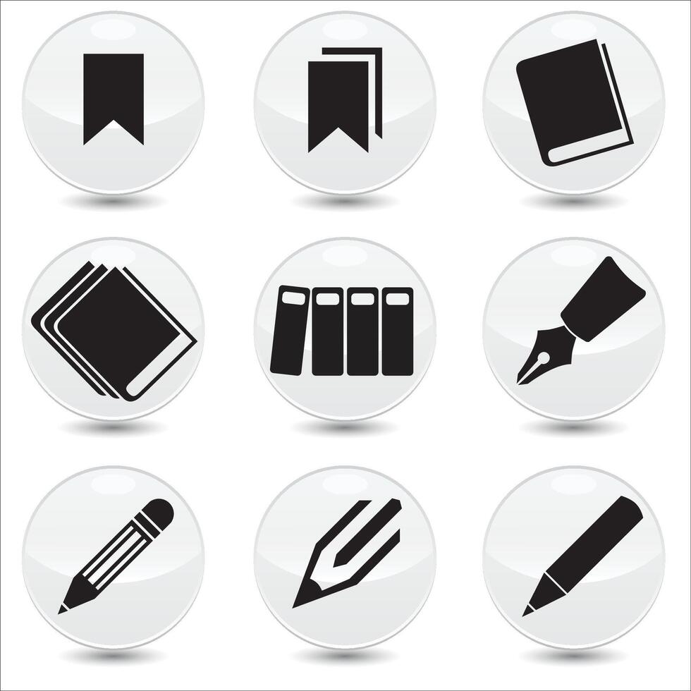 Set of 9 stationery linear icons. books, files, pen, pencil, bookmark etc. icons. Isolated collection for web sites icon on light grey sphere rounded background vector