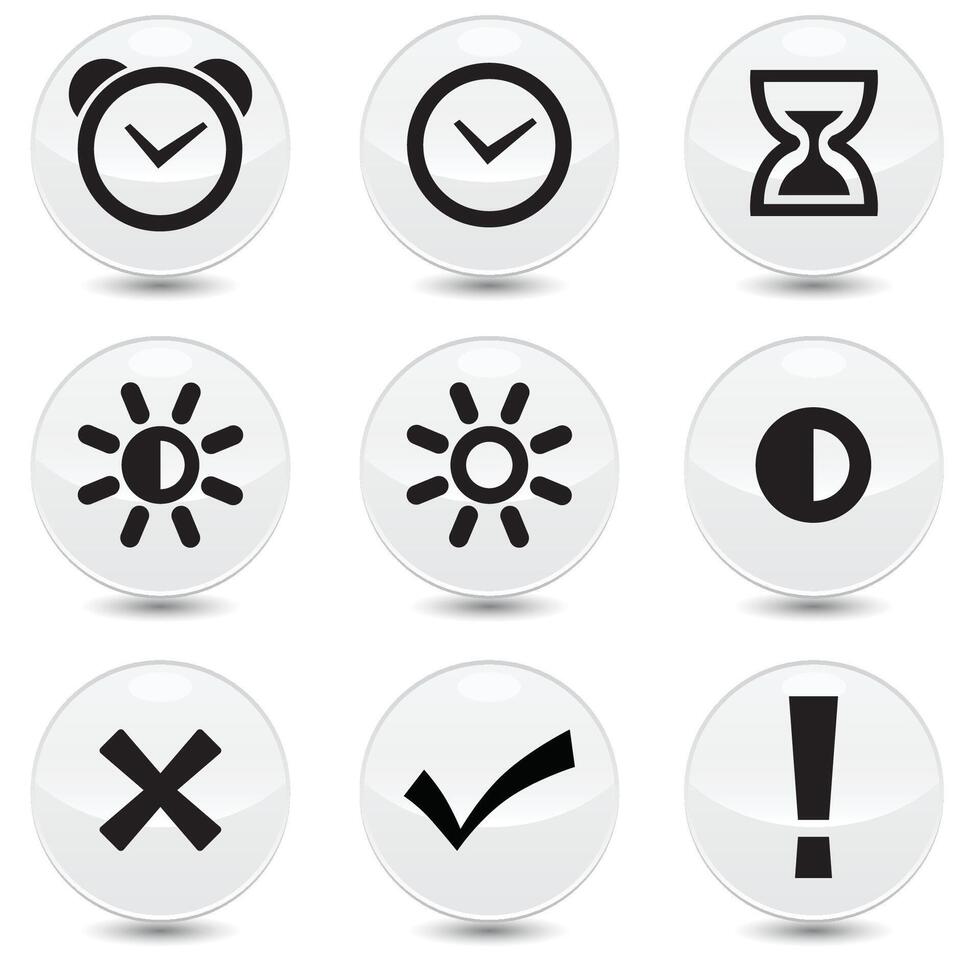 Set of 9 Time and clock linear icons set. clock, alarm clock, brightness, sun, right, wrong, exclamation icons. Isolated collection for web sites icon on light grey sphere rounded background vector