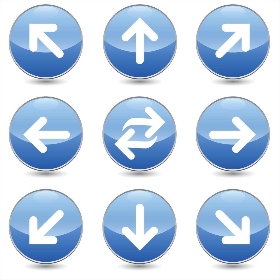 Set of 9 arrows linear icons set. right, left, up, down etc icons. Isolated collection for web sites icon on blue sphere rounded background vector