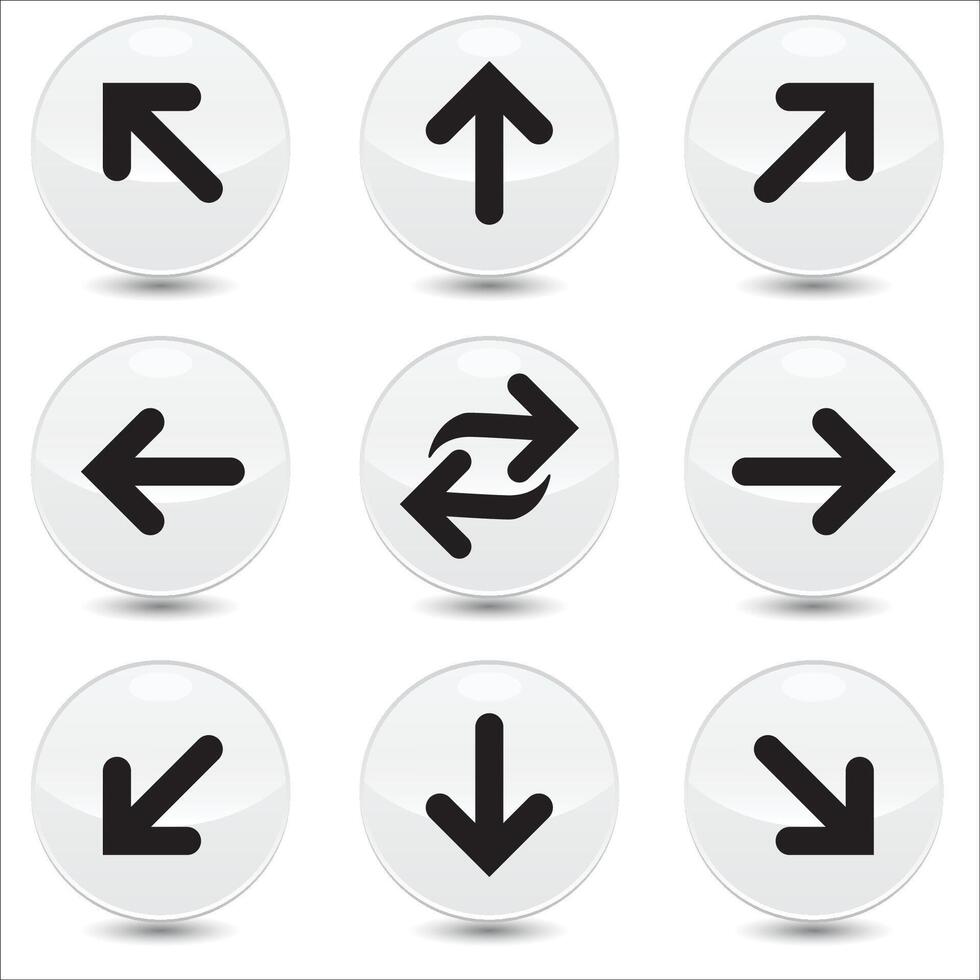 Set of 9 arrows linear icons set. right, left, up, down etc icons. Isolated collection for web sites icon on light grey sphere rounded background vector