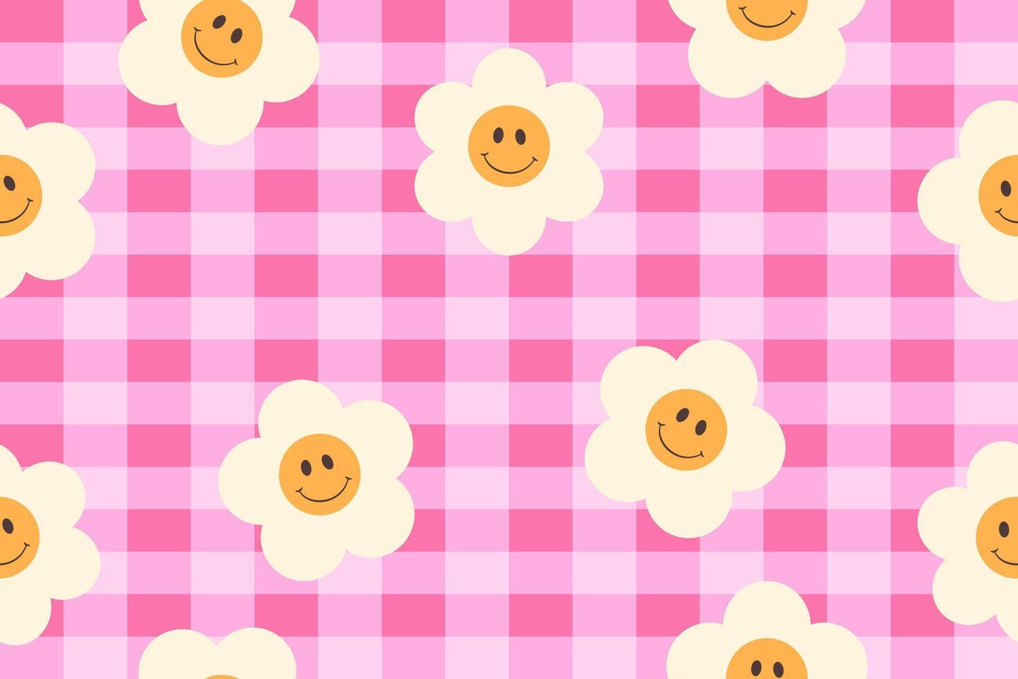 Pink plaid gingham with cute daisies seamless pattern for background fabric banner vector