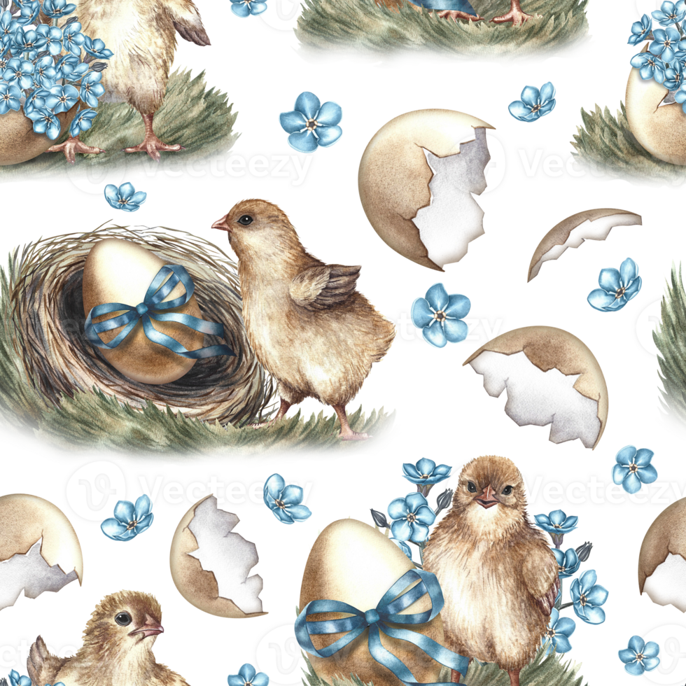 Easter seamless pattern with hatched chickens, decorated with nest eggs and forget-me-nots. The illustration is made in handmade watercolor. For textiles, prints, wrapping paper, napkins, tablecloths. png
