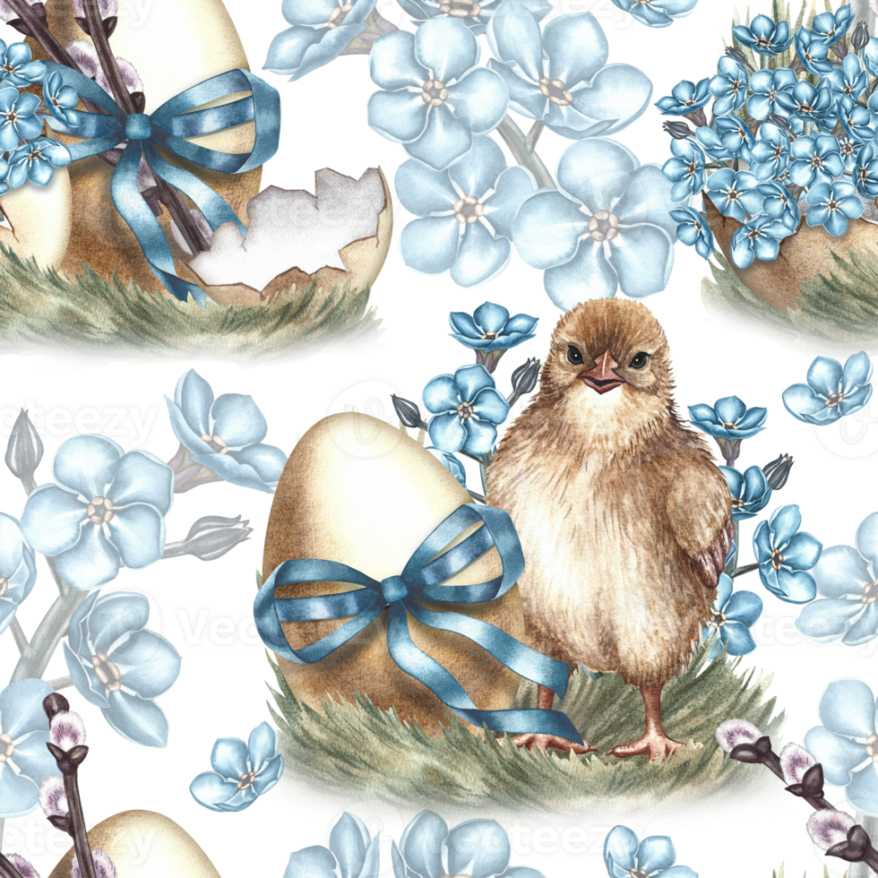 Easter seamless pattern with hatched chickens, decorated with eggs and forget-me-nots. The illustration is made in handmade watercolor. For textiles, prints, wrapping paper, napkins, tablecloths. png