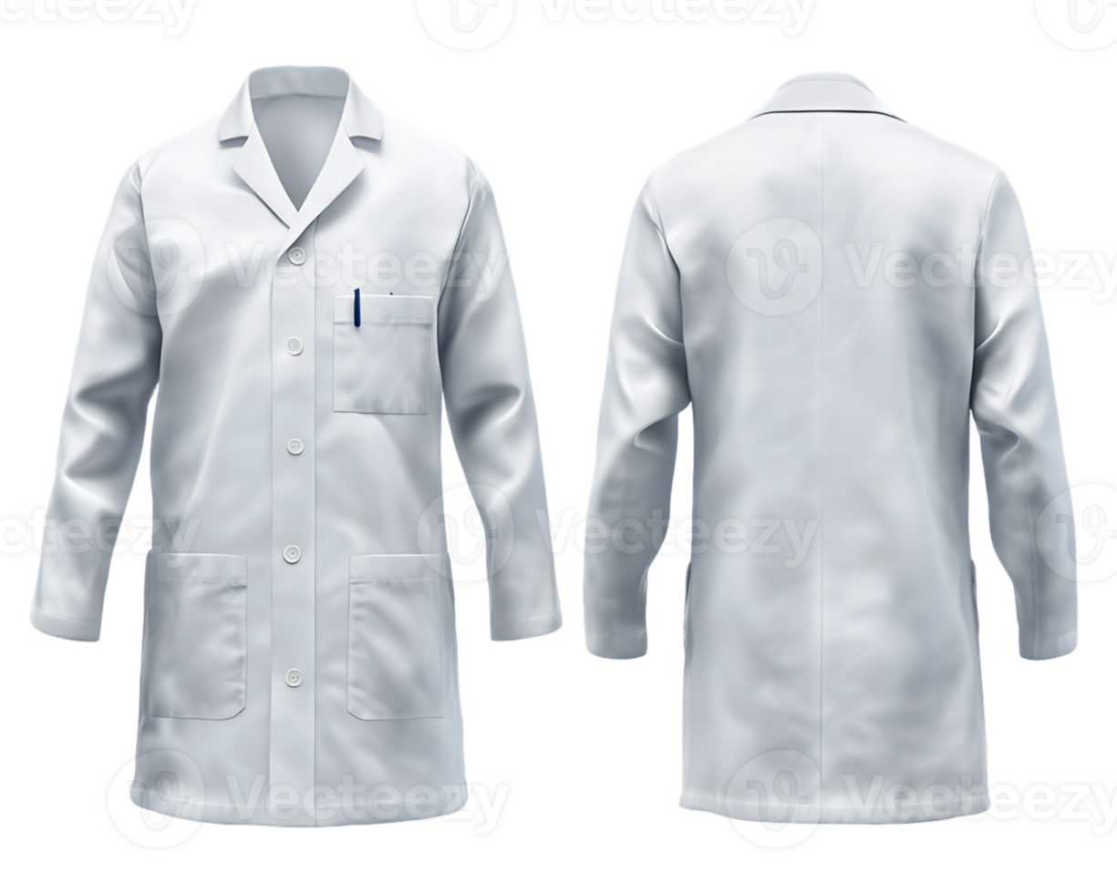 White Long-Sleeve Lab Coat Front and Back View on Transparent Background png