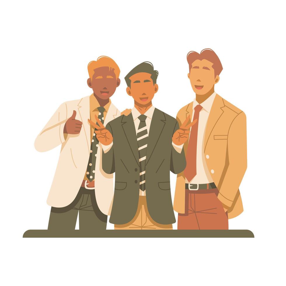 three businessman posing and happy expression for take photo together isolated illustration vector