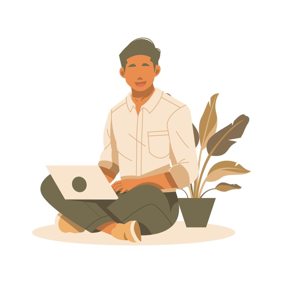 man sitting hold laptop isolated illustration vector