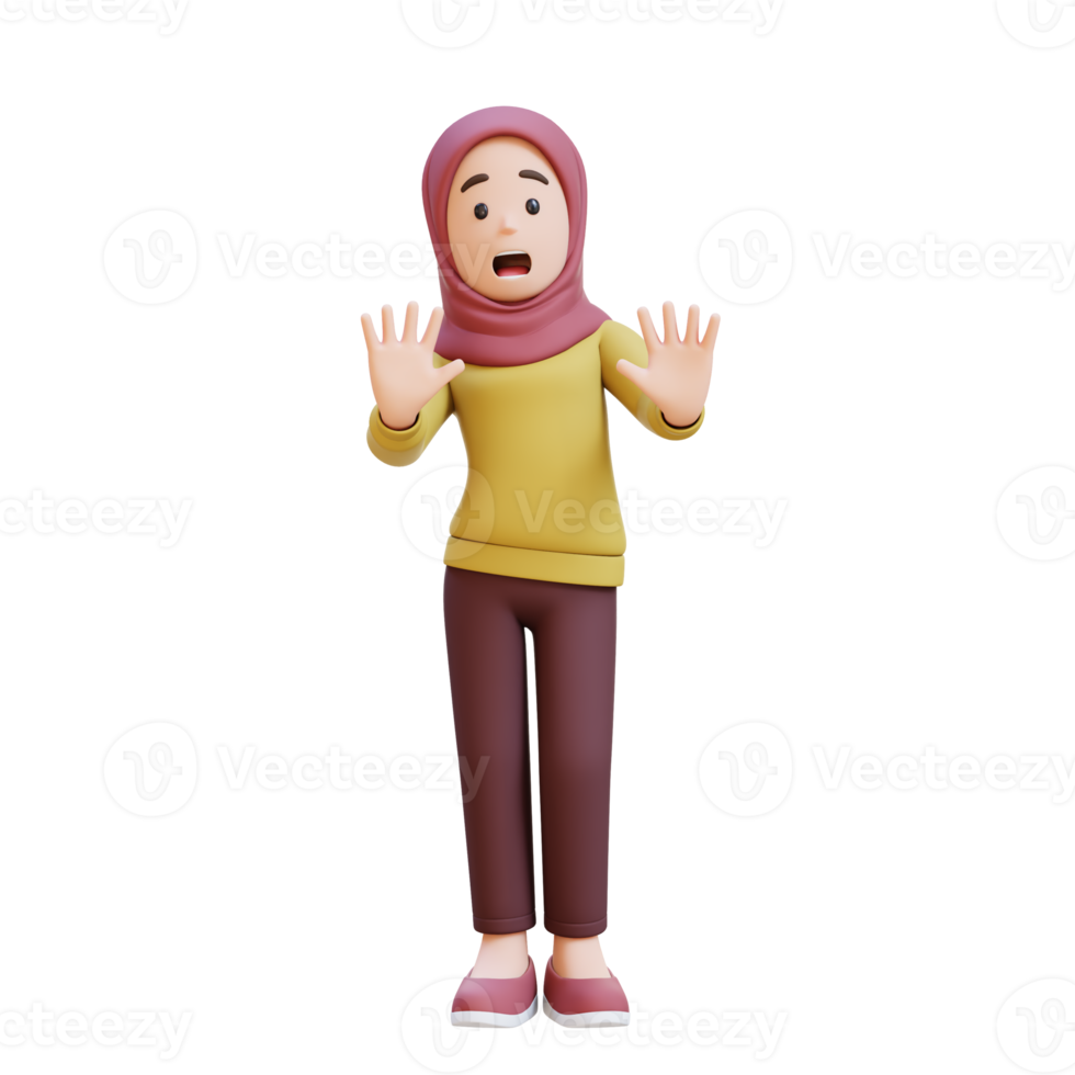 3D muslim girl character with hijab is stress and refusal pose png