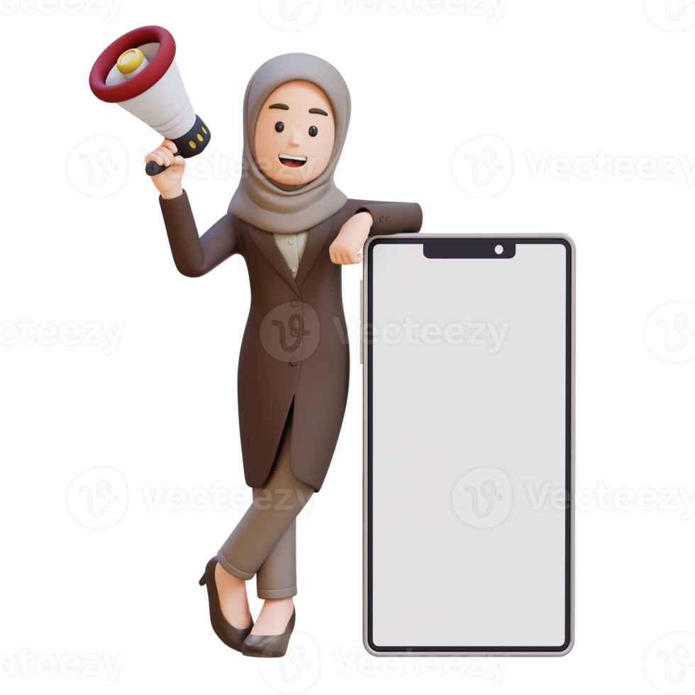3D muslim business woman character holding a megaphone and standing next to a big cell phone png