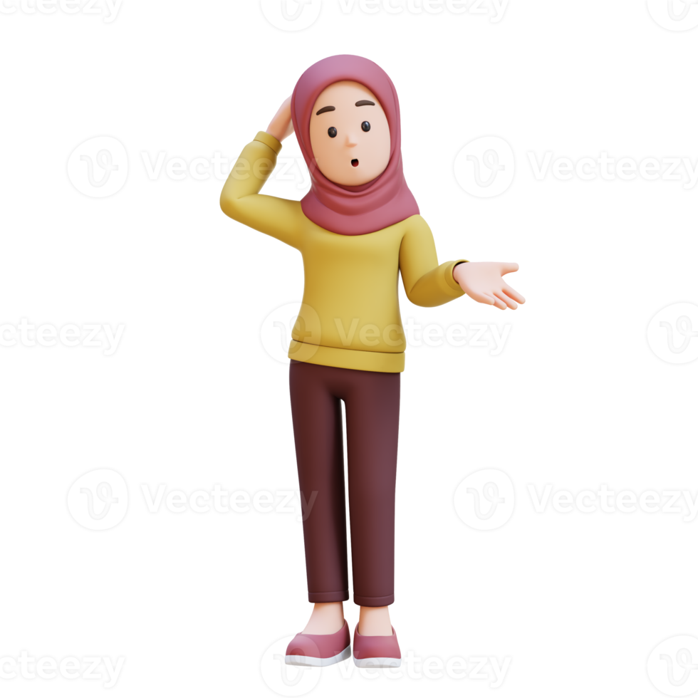3D muslim girl character with hijab is asking a question png