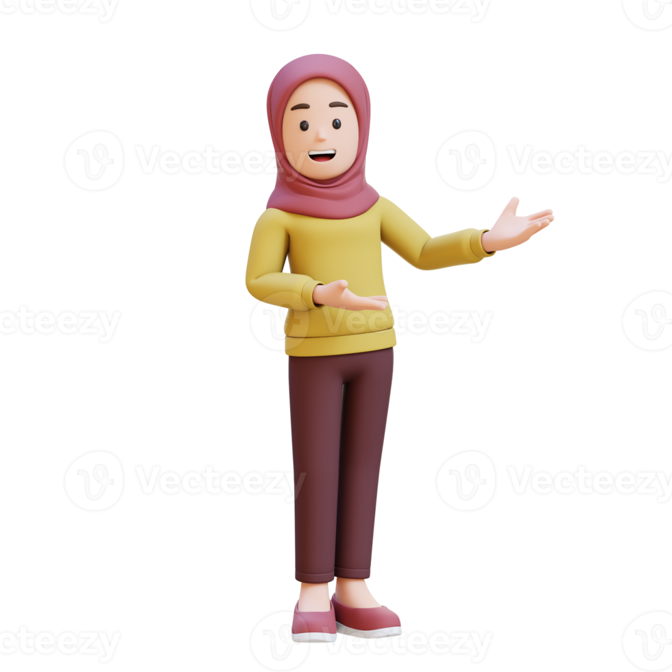 3D muslim girl character with hijab is presenting to the left png