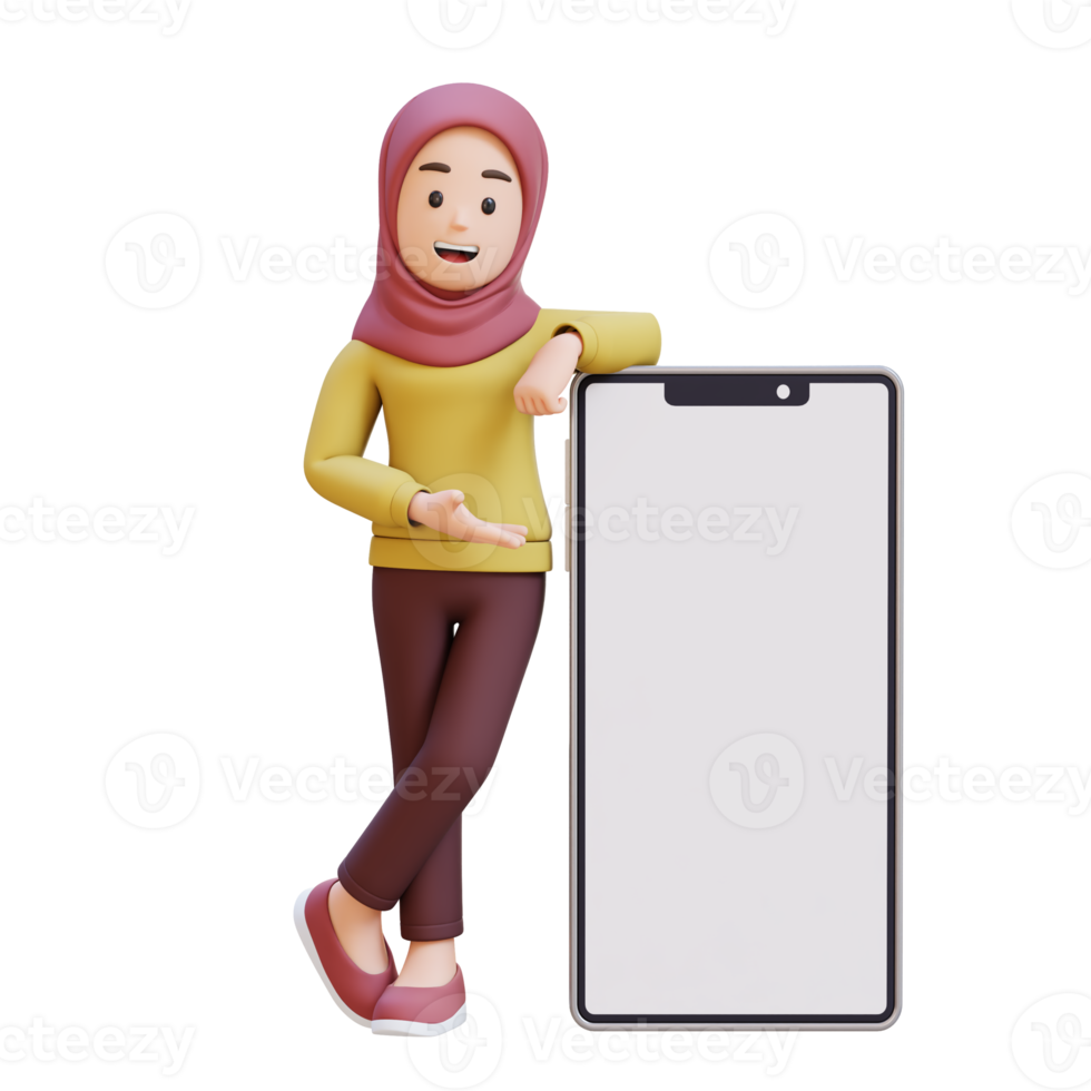 3D muslim girl character with hijab laying and presenting on a big smart phone with empty screen png